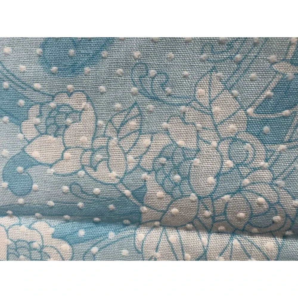 Vintage Blue White Flocked Swiss Dot Floral Fabric Pinafore Dress 44” X 128”